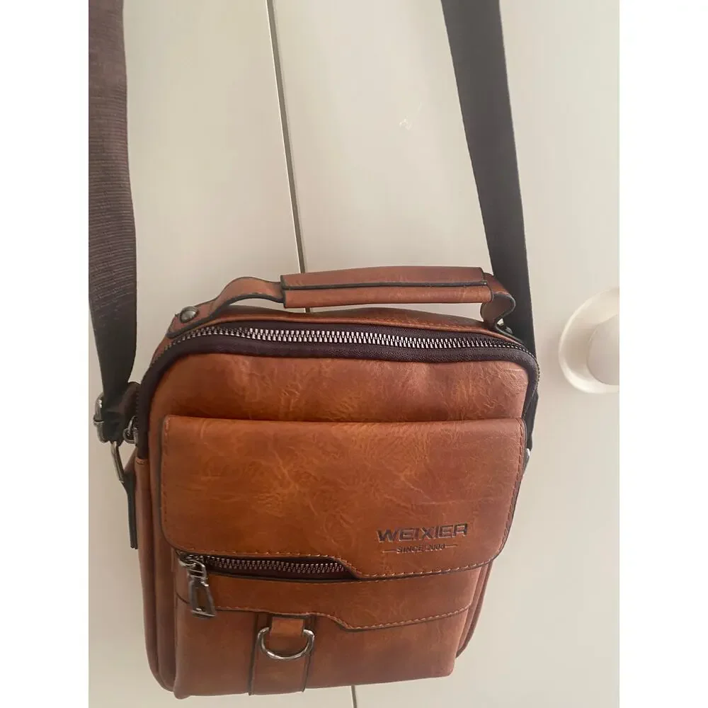 WEIXIER Men's Crossbody Bag Faux Leather Small Shoulder Bag Cognac Brown NWOT